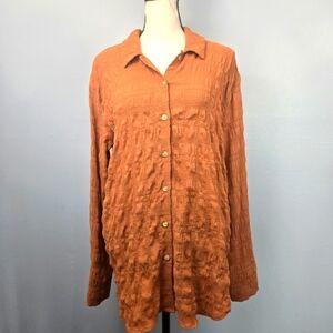 Mystree Textured Stripe Long Sleeve Button Down Shirt Pumpkin-Brown Size Medium